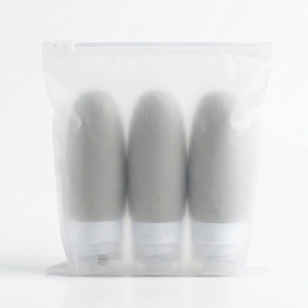 Set de 3 frascos siliconados c/ estuche, tapa plastica para viajes, 9x3.4 cm